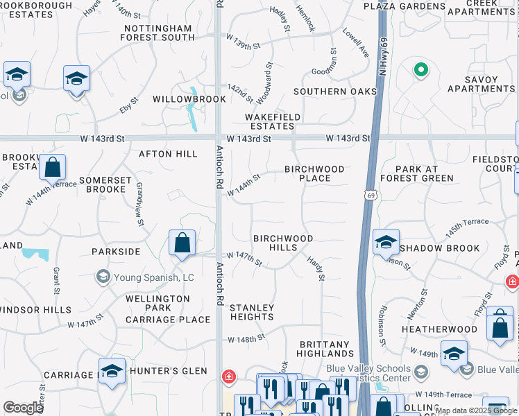 map of restaurants, bars, coffee shops, grocery stores, and more near 8509 West 144th Street in Overland Park