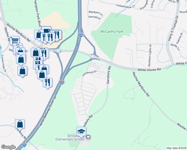 map of restaurants, bars, coffee shops, grocery stores, and more near 9500 Westerdale Drive in Upper Marlboro