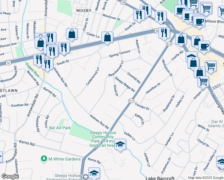 map of restaurants, bars, coffee shops, grocery stores, and more near 3032 Knoll Drive in Falls Church