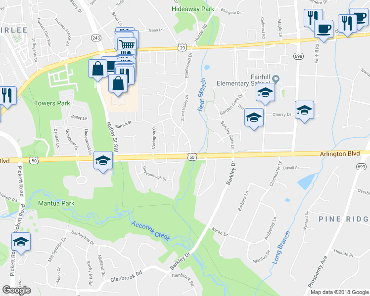 map of restaurants, bars, coffee shops, grocery stores, and more near 3168 Ellenwood Drive in Fairfax