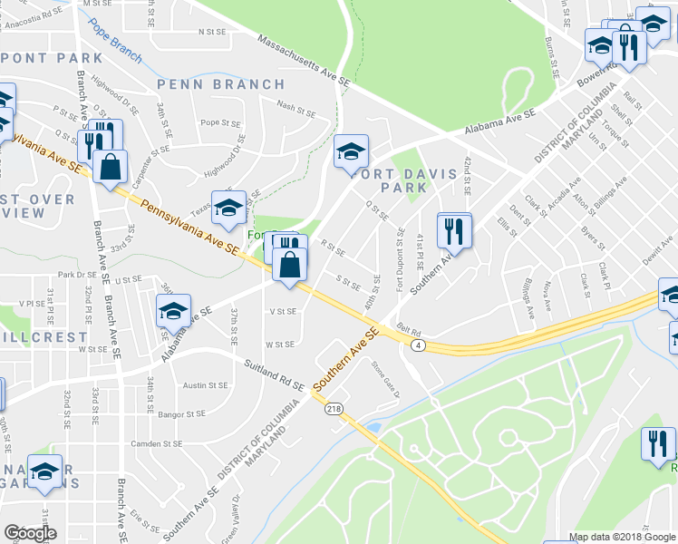 map of restaurants, bars, coffee shops, grocery stores, and more near 3918 S Street Southeast in Washington