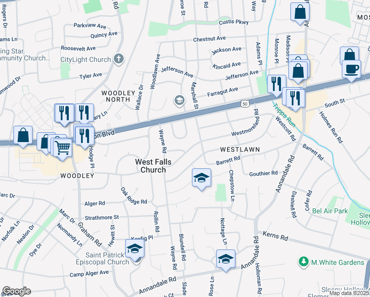 map of restaurants, bars, coffee shops, grocery stores, and more near 6924 Regent Lane in Falls Church