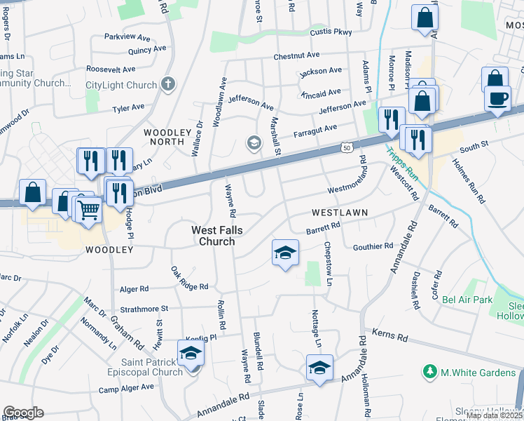 map of restaurants, bars, coffee shops, grocery stores, and more near 6924 Regent Lane in Falls Church