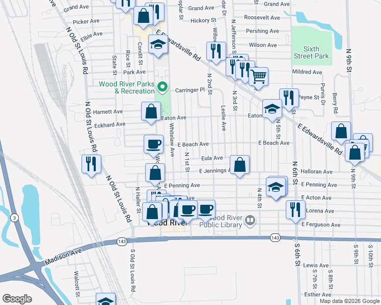 map of restaurants, bars, coffee shops, grocery stores, and more near 71 East Beach Avenue in Wood River