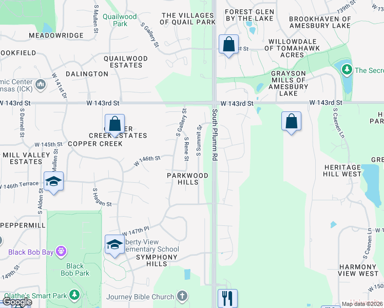 map of restaurants, bars, coffee shops, grocery stores, and more near 14503 South Rene Street in Olathe