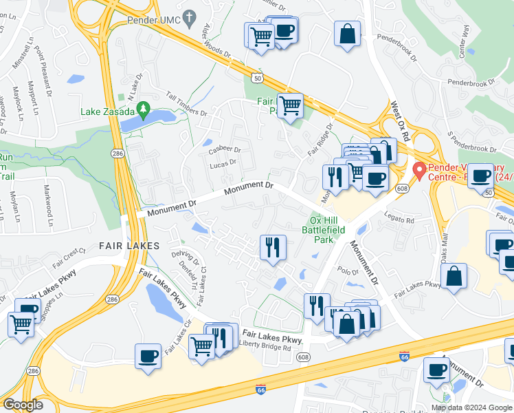 map of restaurants, bars, coffee shops, grocery stores, and more near 4216 Fox Lake Drive in Fairfax
