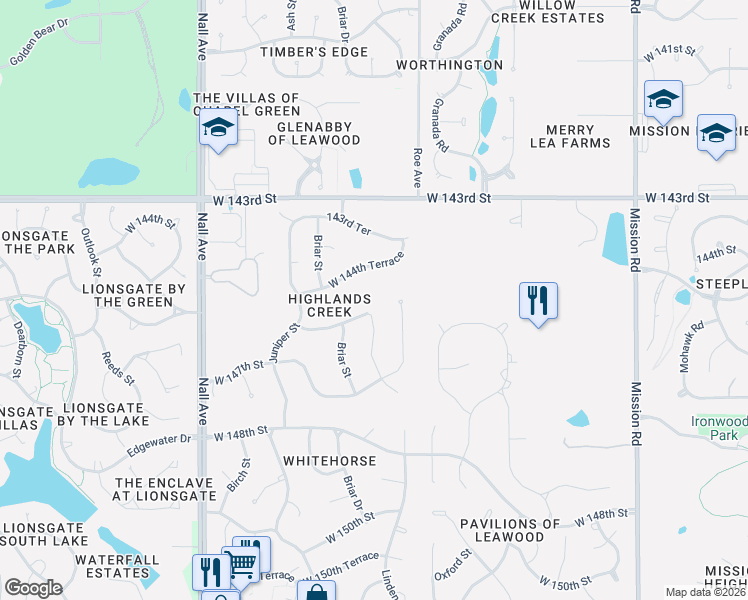 map of restaurants, bars, coffee shops, grocery stores, and more near 4829 West 144th Terrace in Overland Park
