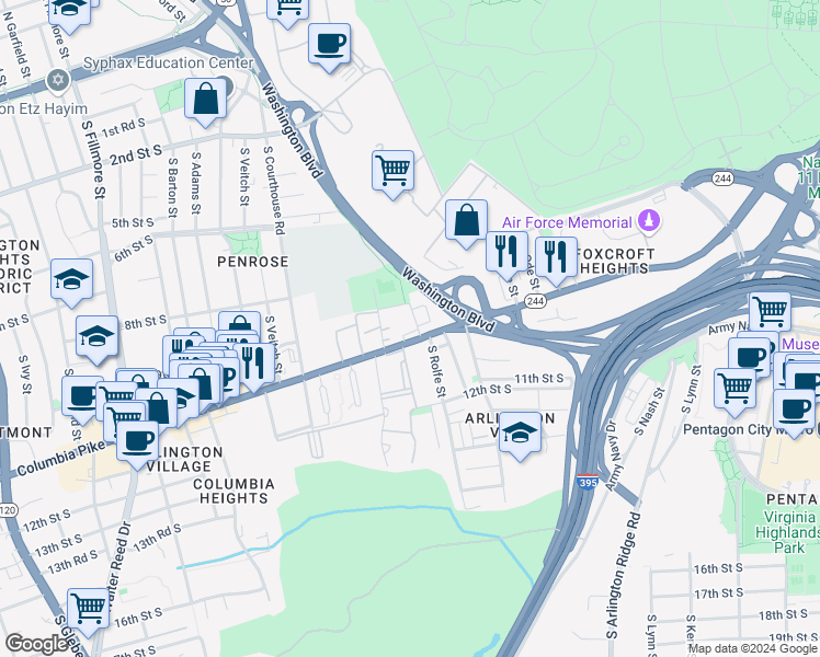 map of restaurants, bars, coffee shops, grocery stores, and more near 922 South Rolfe Street in Arlington