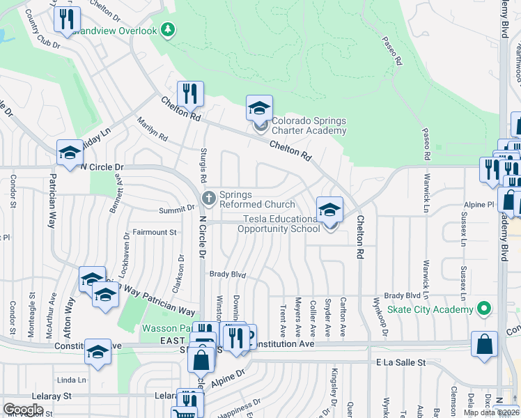 map of restaurants, bars, coffee shops, grocery stores, and more near 3105 San Luis Drive in Colorado Springs