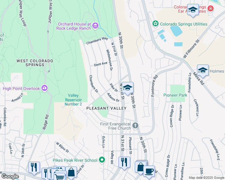 map of restaurants, bars, coffee shops, grocery stores, and more near 1103 Pike Drive in Colorado Springs