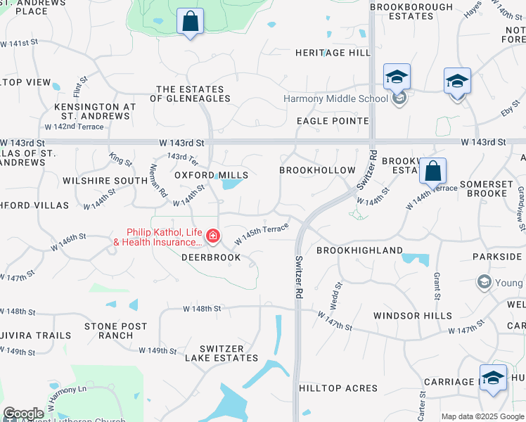 map of restaurants, bars, coffee shops, grocery stores, and more near 14405 Ballentine Street in Overland Park