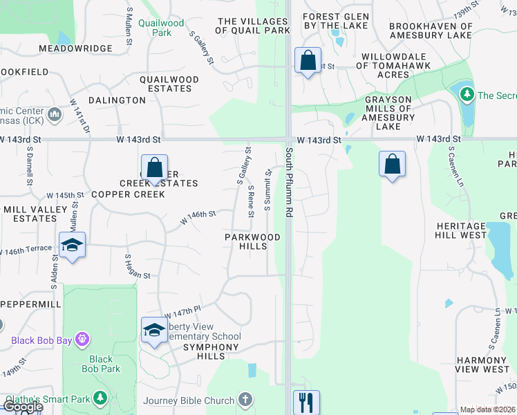map of restaurants, bars, coffee shops, grocery stores, and more near 14503 South Rene Street in Olathe