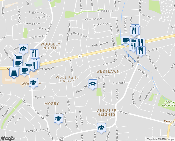 map of restaurants, bars, coffee shops, grocery stores, and more near 6915 Westmoreland Road in Falls Church