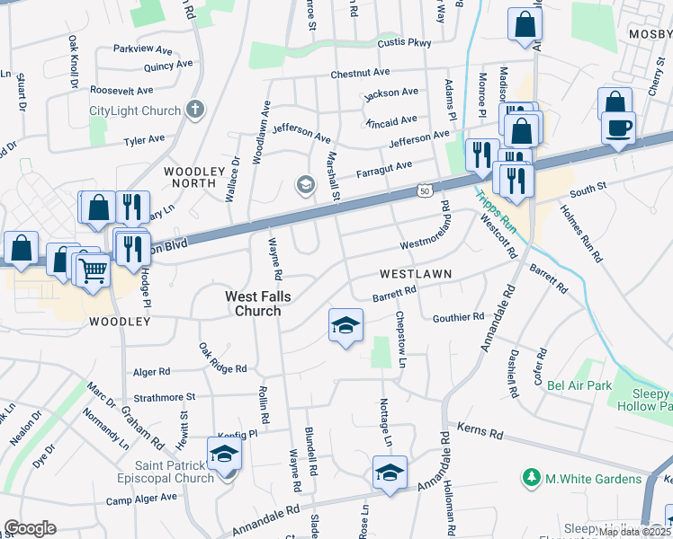 map of restaurants, bars, coffee shops, grocery stores, and more near 6915 Westmoreland Road in Falls Church
