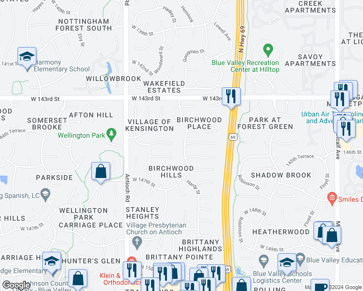 map of restaurants, bars, coffee shops, grocery stores, and more near 14432 Hemlock Street in Overland Park