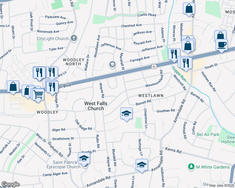 map of restaurants, bars, coffee shops, grocery stores, and more near 6920 Westmoreland Road in Falls Church