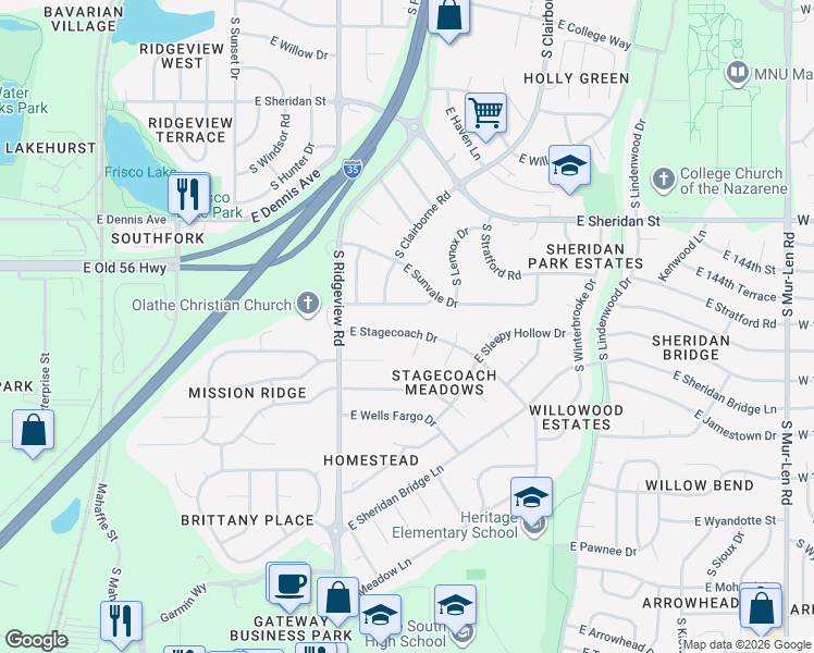 map of restaurants, bars, coffee shops, grocery stores, and more near 1436 East Stagecoach Drive in Olathe
