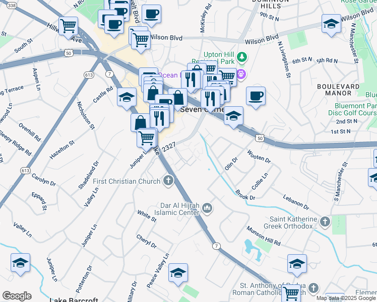 map of restaurants, bars, coffee shops, grocery stores, and more near 6188 Greenwood Drive in Falls Church