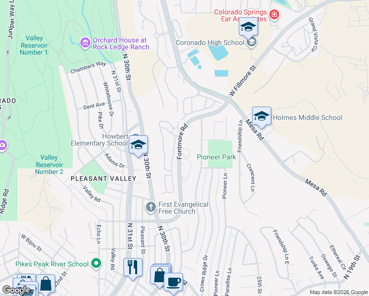 map of restaurants, bars, coffee shops, grocery stores, and more near in Colorado Springs
