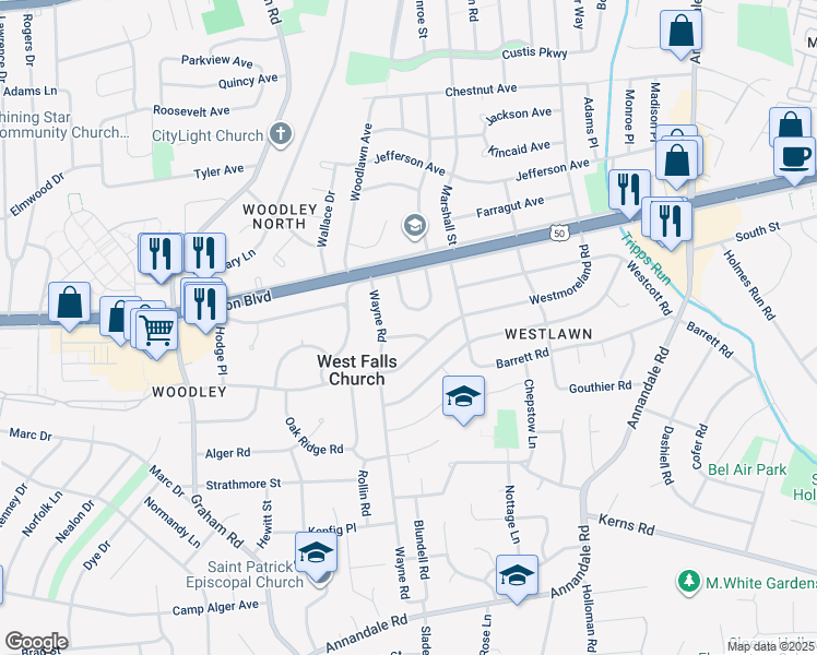 map of restaurants, bars, coffee shops, grocery stores, and more near 6930 Regent Lane in Falls Church