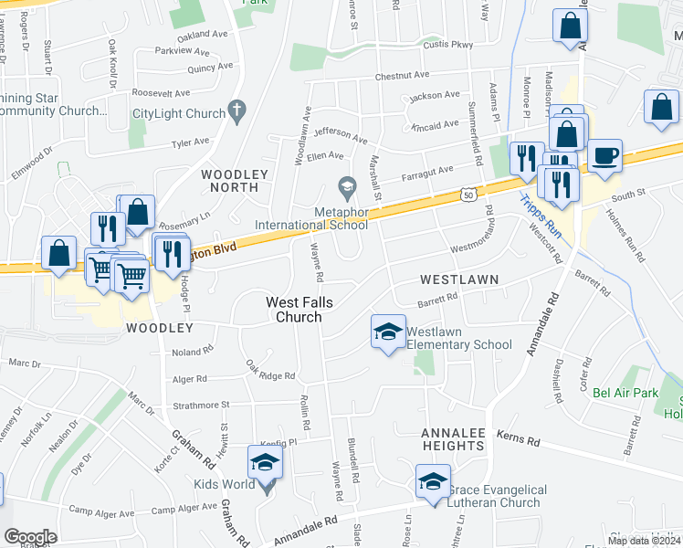 map of restaurants, bars, coffee shops, grocery stores, and more near 6930 Regent Lane in Falls Church