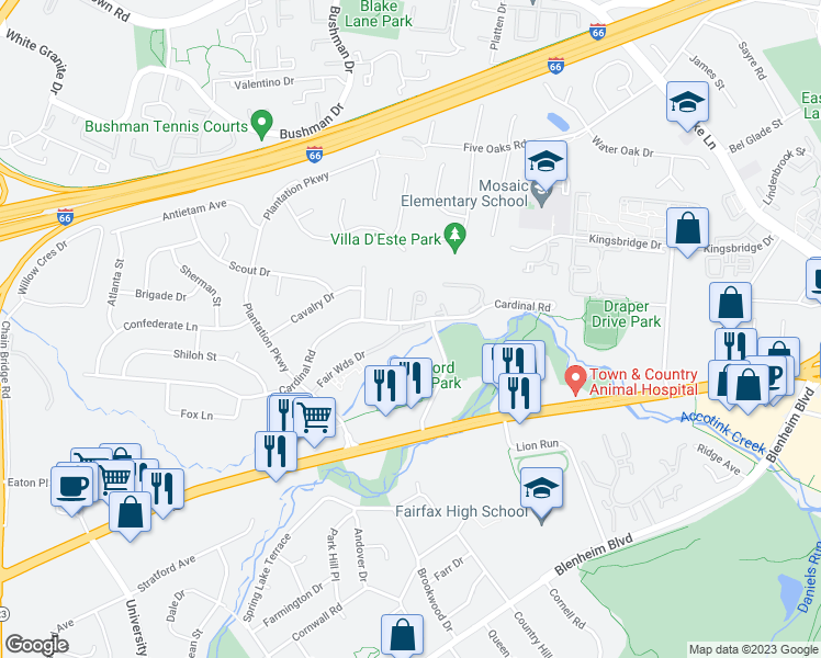 map of restaurants, bars, coffee shops, grocery stores, and more near 10029 Fair Woods Drive in Fairfax