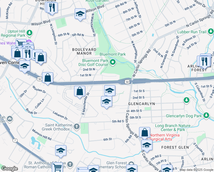 map of restaurants, bars, coffee shops, grocery stores, and more near 5886 Arlington Boulevard in Arlington