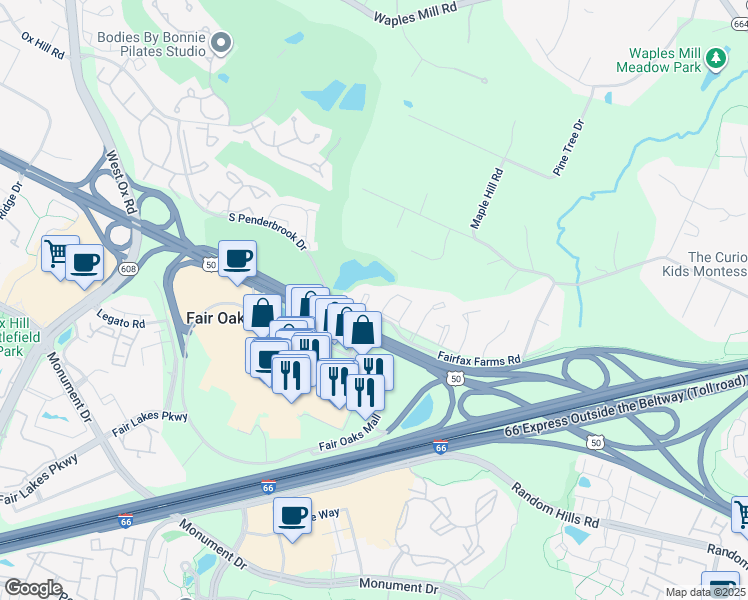 map of restaurants, bars, coffee shops, grocery stores, and more near 3915 Green Look Court in Fairfax