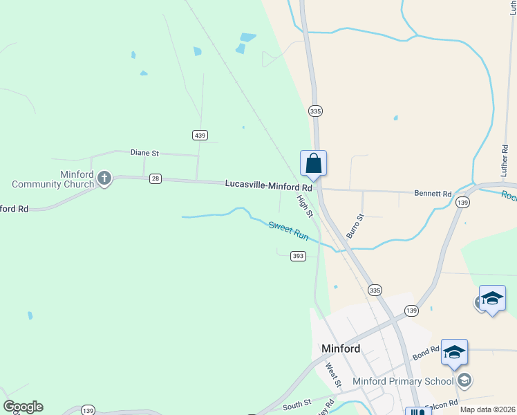 map of restaurants, bars, coffee shops, grocery stores, and more near 5682 Lucasville-Minford Road in Minford