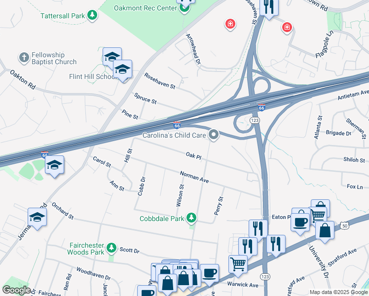 map of restaurants, bars, coffee shops, grocery stores, and more near 10616 Oak Place in Fairfax