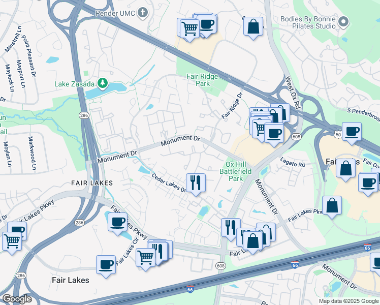 map of restaurants, bars, coffee shops, grocery stores, and more near 12301 Fox Lake Place in Fairfax