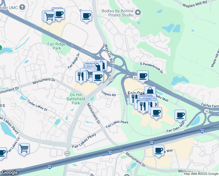 map of restaurants, bars, coffee shops, grocery stores, and more near 4000 Legato Road in Fairfax
