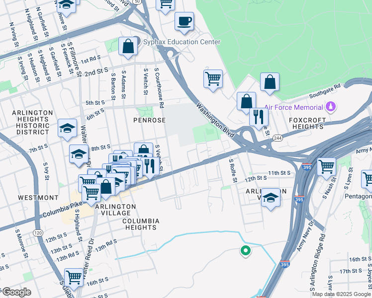 map of restaurants, bars, coffee shops, grocery stores, and more near 1957 Columbia Pike in Arlington