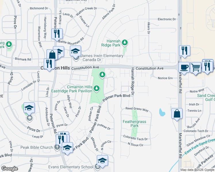 map of restaurants, bars, coffee shops, grocery stores, and more near 2381 Shawnee Drive in Colorado Springs