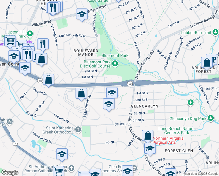 map of restaurants, bars, coffee shops, grocery stores, and more near 5886 Arlington Boulevard in Arlington