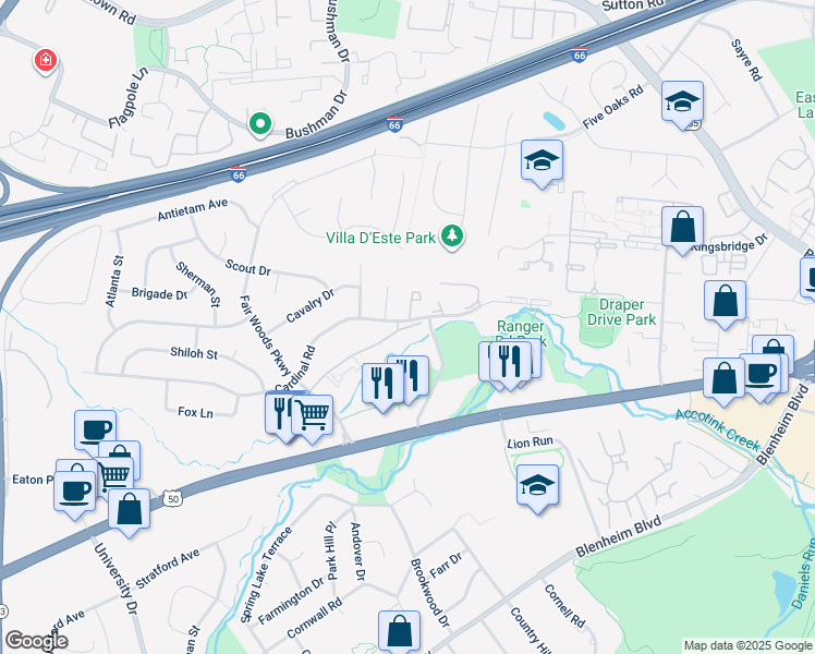 map of restaurants, bars, coffee shops, grocery stores, and more near 10025 Fair Woods Drive in Fairfax
