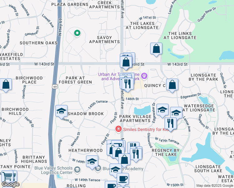 map of restaurants, bars, coffee shops, grocery stores, and more near 14424 Metcalf Avenue in Overland Park