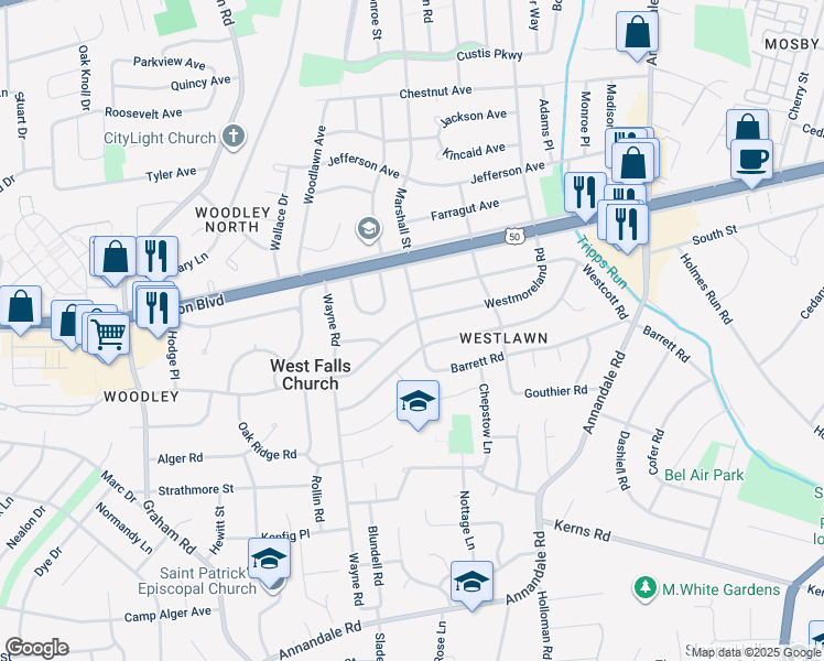 map of restaurants, bars, coffee shops, grocery stores, and more near 6917 Barrett Road in Falls Church