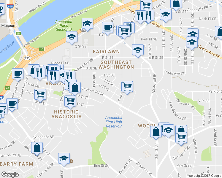 map of restaurants, bars, coffee shops, grocery stores, and more near 1936 U Place Southeast in Washington