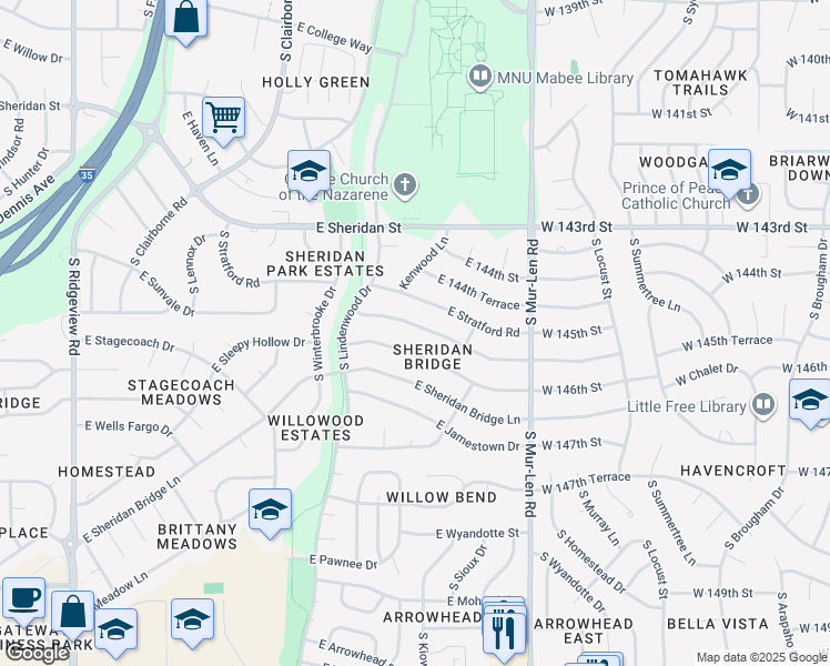 map of restaurants, bars, coffee shops, grocery stores, and more near 1939 East Sunvale Drive in Olathe