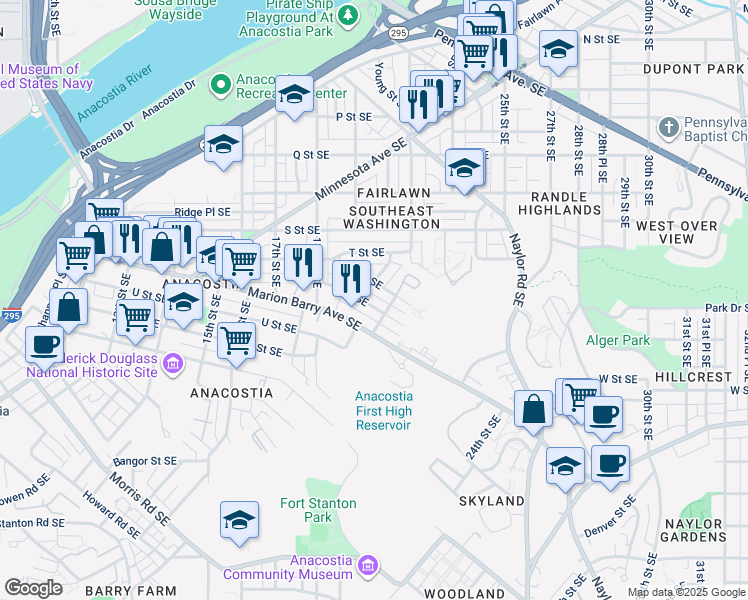 map of restaurants, bars, coffee shops, grocery stores, and more near 1936 U Place Southeast in Washington