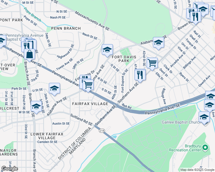 map of restaurants, bars, coffee shops, grocery stores, and more near 3925 R Street Southeast in Washington