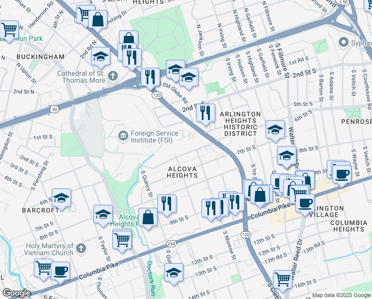 map of restaurants, bars, coffee shops, grocery stores, and more near 3617 6th Street South in Arlington