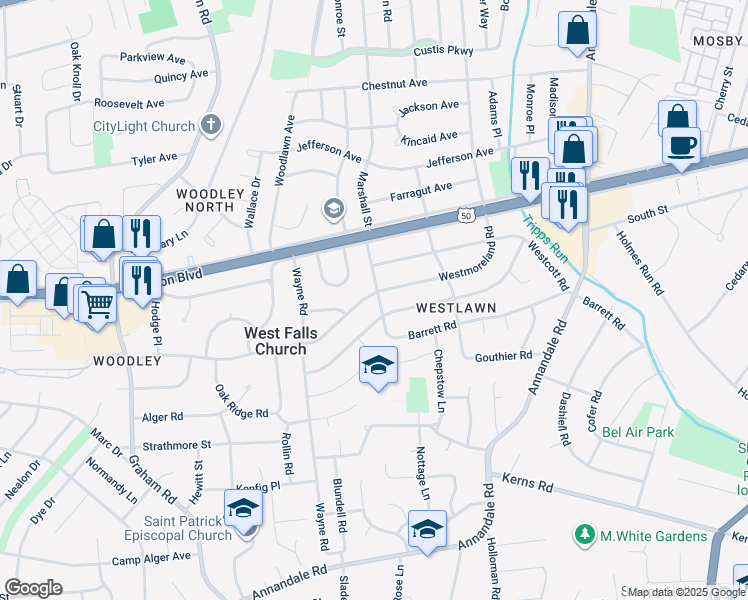 map of restaurants, bars, coffee shops, grocery stores, and more near 6917 Barrett Road in Falls Church