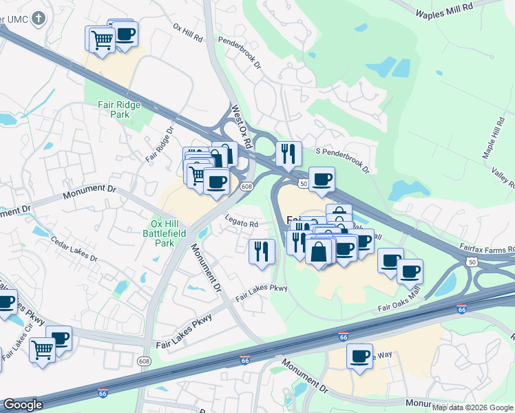 map of restaurants, bars, coffee shops, grocery stores, and more near 4000 Legato Road in Fairfax