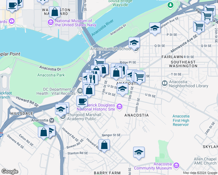 map of restaurants, bars, coffee shops, grocery stores, and more near 101 Independence Avenue Southeast in Washington