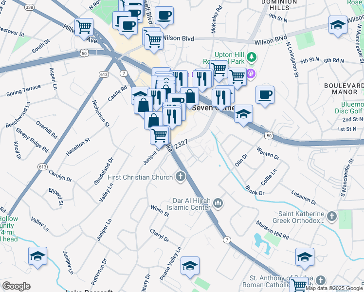 map of restaurants, bars, coffee shops, grocery stores, and more near 3077 Patrick Henry Drive in Falls Church