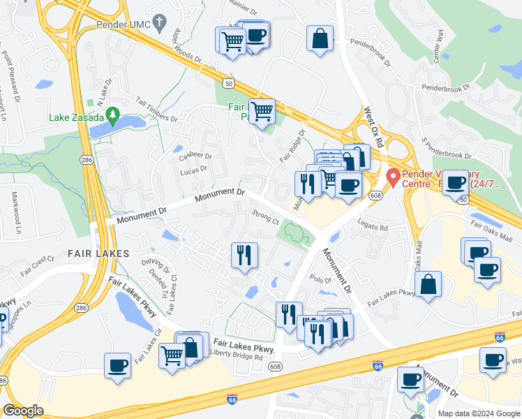 map of restaurants, bars, coffee shops, grocery stores, and more near 12354 Strong Court in Fairfax