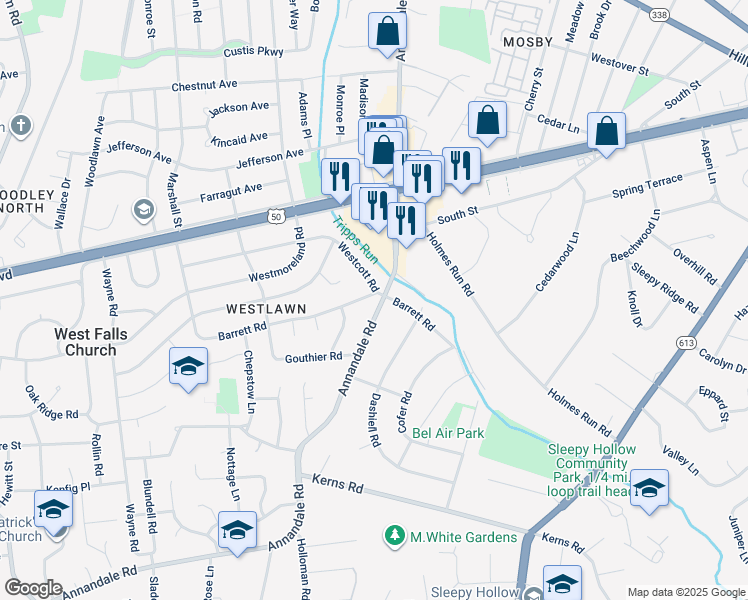 map of restaurants, bars, coffee shops, grocery stores, and more near 6705 Barrett Road in Falls Church