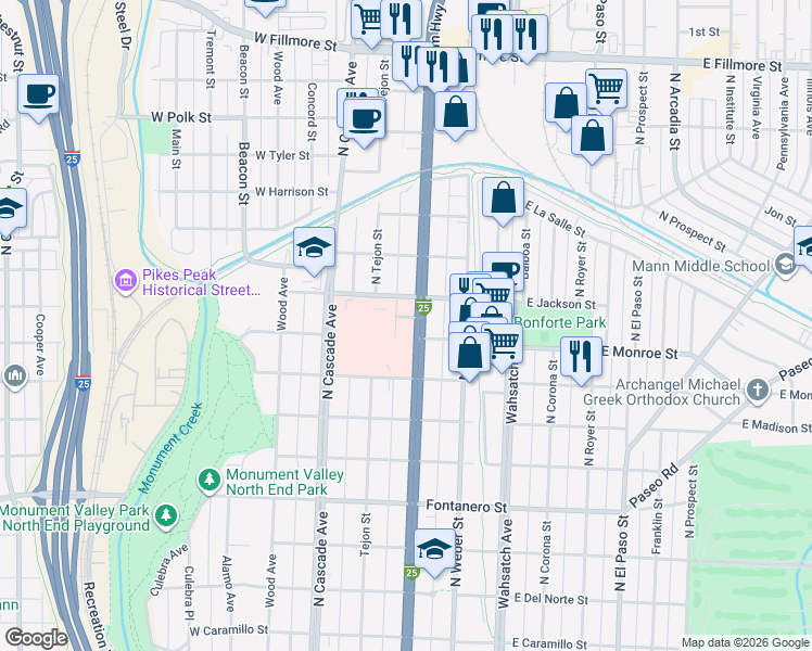 map of restaurants, bars, coffee shops, grocery stores, and more near 2312 North Nevada Avenue in Colorado Springs